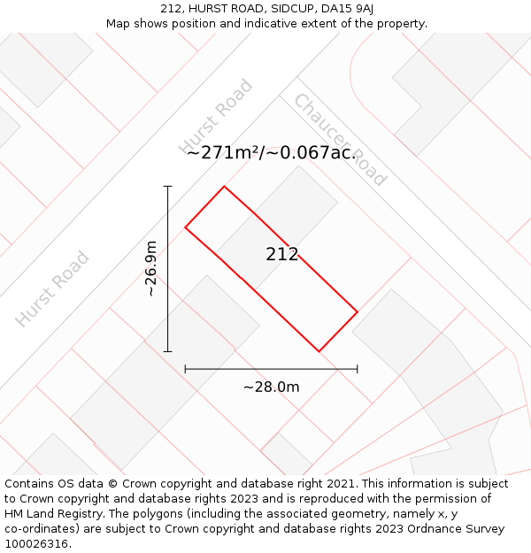 212, HURST ROAD, SIDCUP, DA15 9AJ: Plot and title map