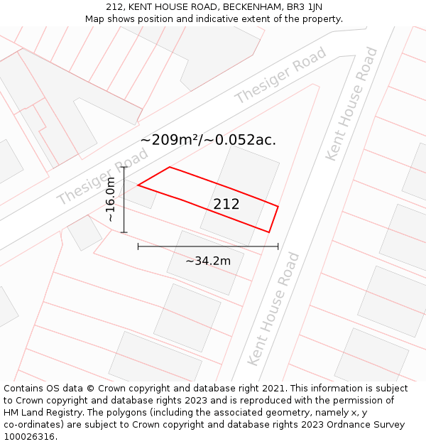 212, KENT HOUSE ROAD, BECKENHAM, BR3 1JN: Plot and title map
