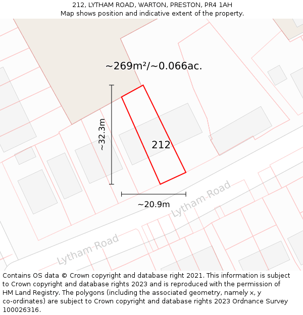 212, LYTHAM ROAD, WARTON, PRESTON, PR4 1AH: Plot and title map