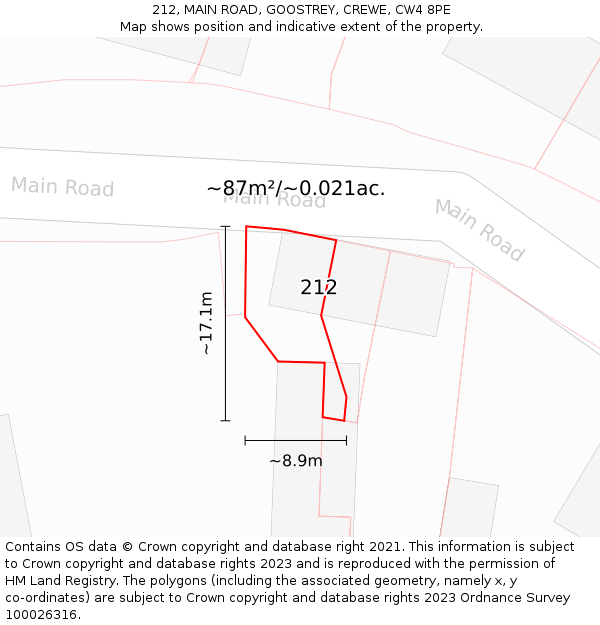 212, MAIN ROAD, GOOSTREY, CREWE, CW4 8PE: Plot and title map