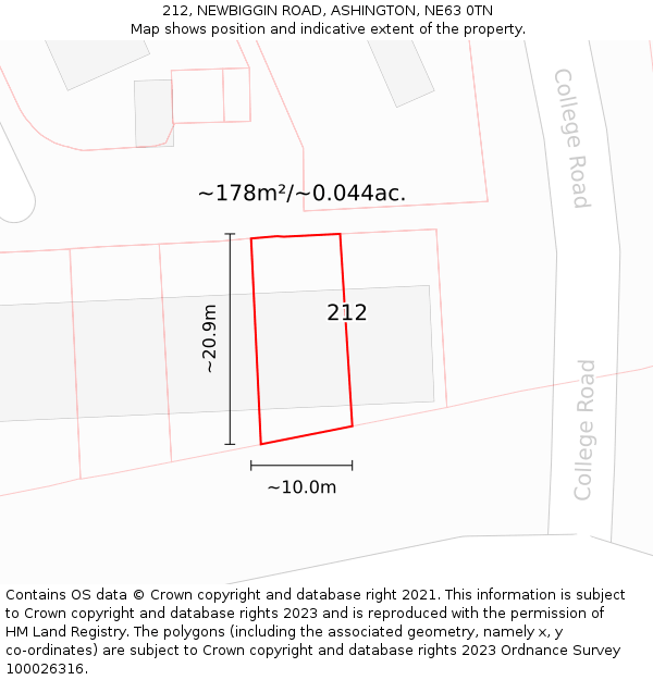 212, NEWBIGGIN ROAD, ASHINGTON, NE63 0TN: Plot and title map