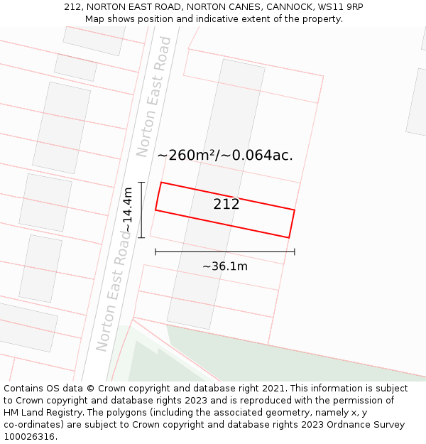 212, NORTON EAST ROAD, NORTON CANES, CANNOCK, WS11 9RP: Plot and title map