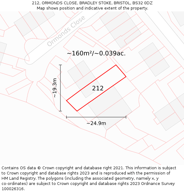 212, ORMONDS CLOSE, BRADLEY STOKE, BRISTOL, BS32 0DZ: Plot and title map