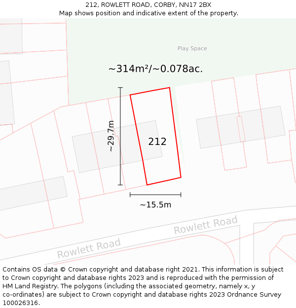212, ROWLETT ROAD, CORBY, NN17 2BX: Plot and title map