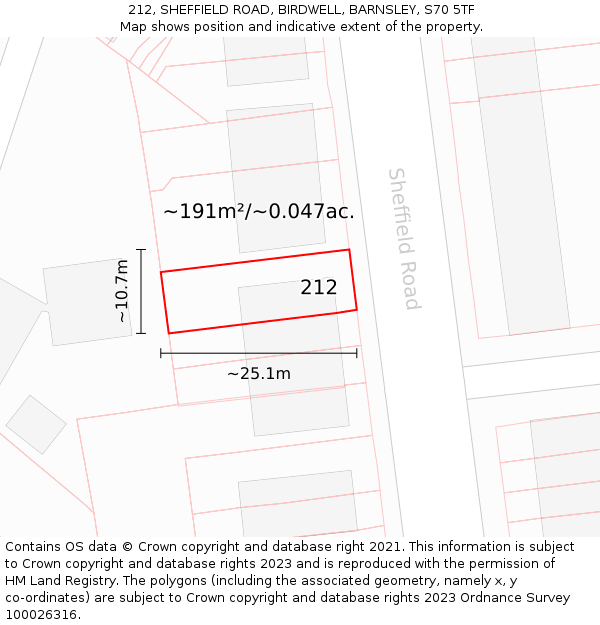 212, SHEFFIELD ROAD, BIRDWELL, BARNSLEY, S70 5TF: Plot and title map