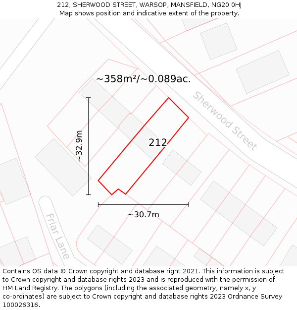 212, SHERWOOD STREET, WARSOP, MANSFIELD, NG20 0HJ: Plot and title map