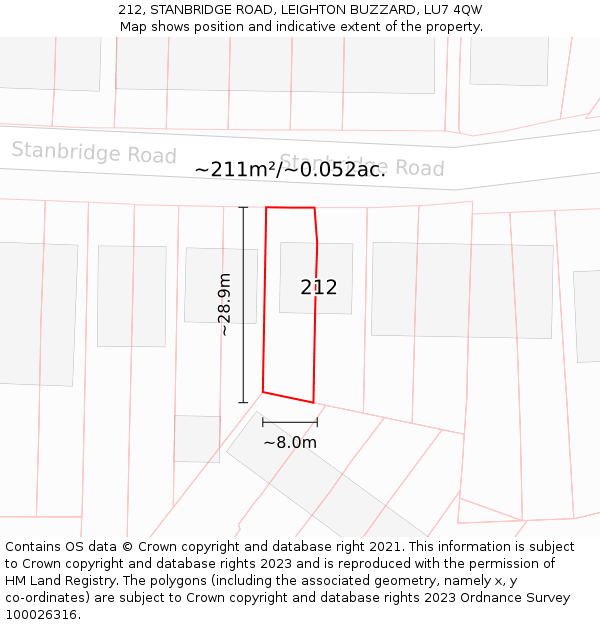 212, STANBRIDGE ROAD, LEIGHTON BUZZARD, LU7 4QW: Plot and title map