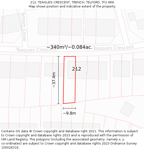 212, TEAGUES CRESCENT, TRENCH, TELFORD, TF2 6RA: Plot and title map