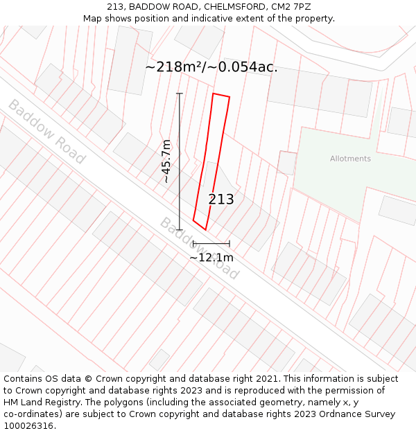 213, BADDOW ROAD, CHELMSFORD, CM2 7PZ: Plot and title map