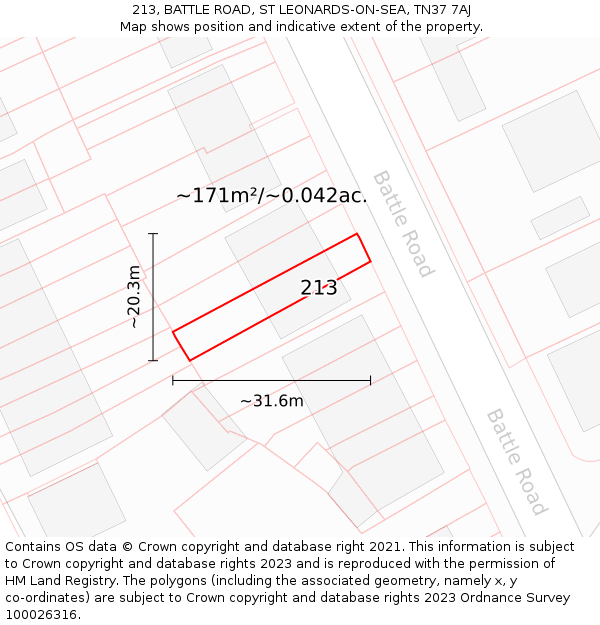 213, BATTLE ROAD, ST LEONARDS-ON-SEA, TN37 7AJ: Plot and title map