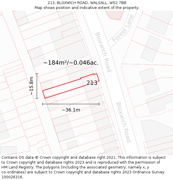 213, BLOXWICH ROAD, WALSALL, WS2 7BB: Plot and title map