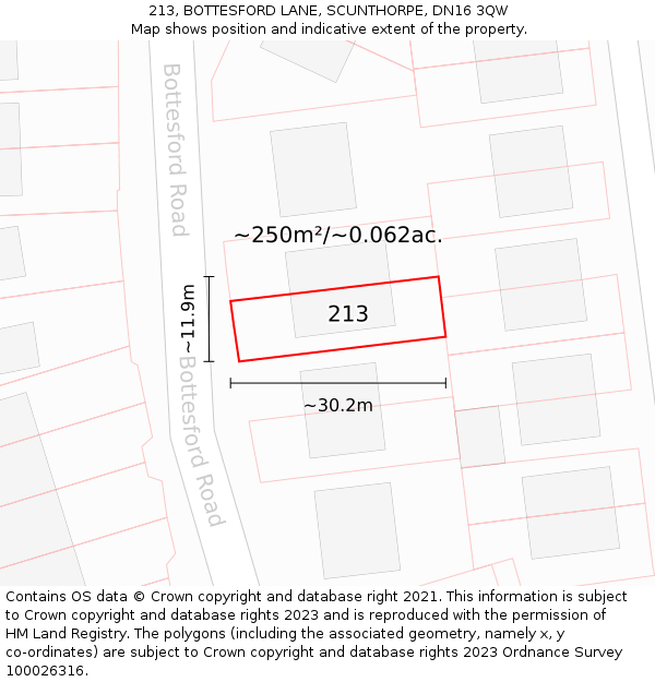 213, BOTTESFORD LANE, SCUNTHORPE, DN16 3QW: Plot and title map