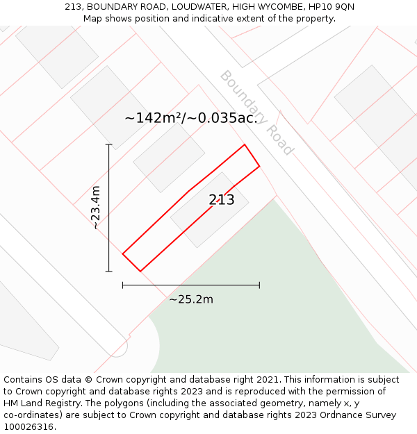 213, BOUNDARY ROAD, LOUDWATER, HIGH WYCOMBE, HP10 9QN: Plot and title map