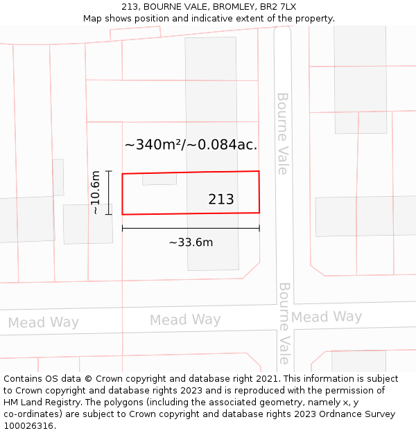 213, BOURNE VALE, BROMLEY, BR2 7LX: Plot and title map