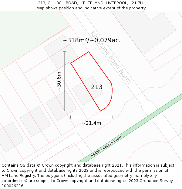 213, CHURCH ROAD, LITHERLAND, LIVERPOOL, L21 7LL: Plot and title map