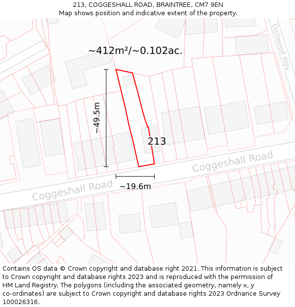 213, COGGESHALL ROAD, BRAINTREE, CM7 9EN: Plot and title map