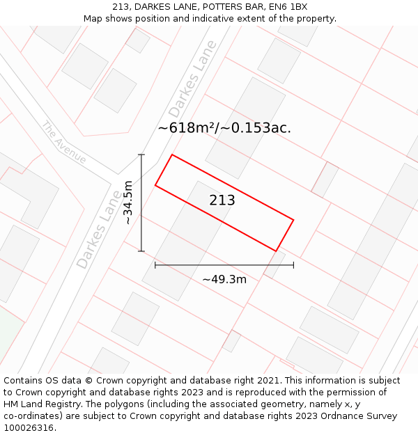213, DARKES LANE, POTTERS BAR, EN6 1BX: Plot and title map