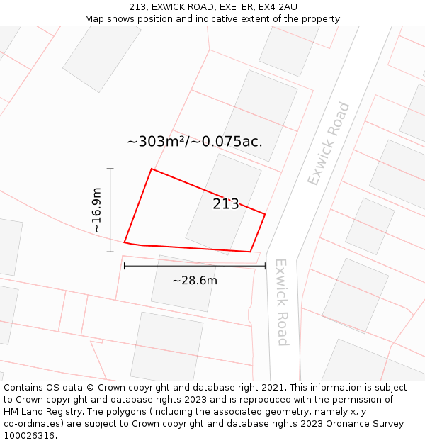 213, EXWICK ROAD, EXETER, EX4 2AU: Plot and title map