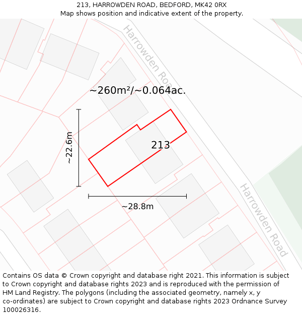 213, HARROWDEN ROAD, BEDFORD, MK42 0RX: Plot and title map