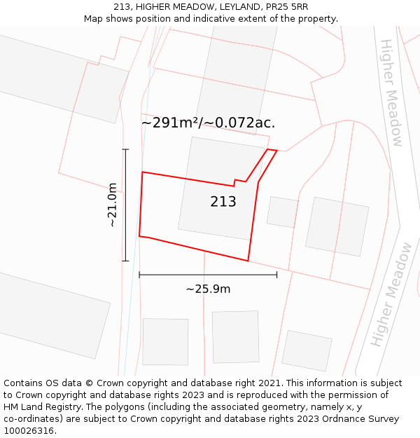 213, HIGHER MEADOW, LEYLAND, PR25 5RR: Plot and title map
