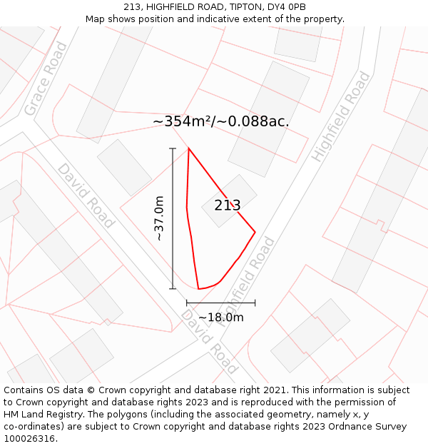 213, HIGHFIELD ROAD, TIPTON, DY4 0PB: Plot and title map