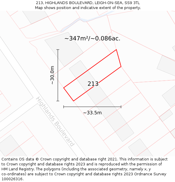 213, HIGHLANDS BOULEVARD, LEIGH-ON-SEA, SS9 3TL: Plot and title map