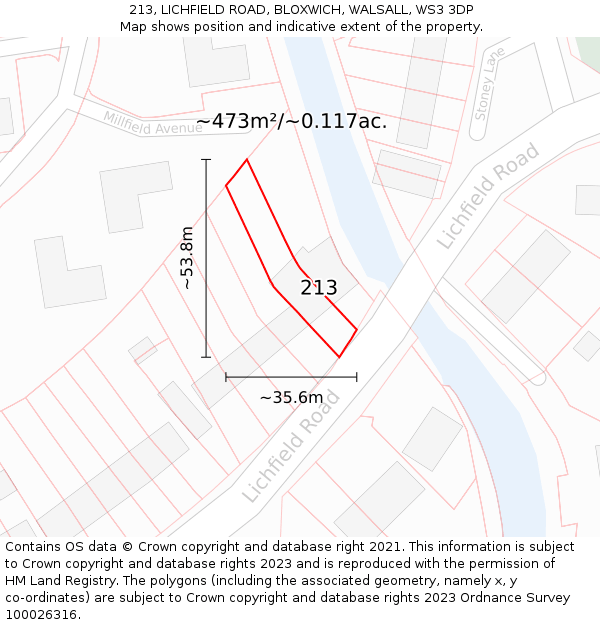 213, LICHFIELD ROAD, BLOXWICH, WALSALL, WS3 3DP: Plot and title map