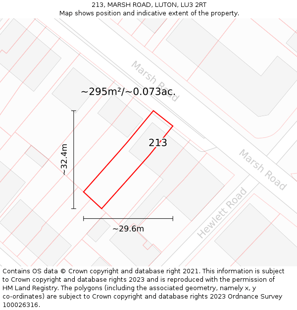 213, MARSH ROAD, LUTON, LU3 2RT: Plot and title map