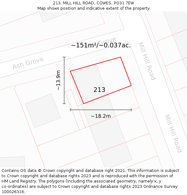 213, MILL HILL ROAD, COWES, PO31 7EW: Plot and title map