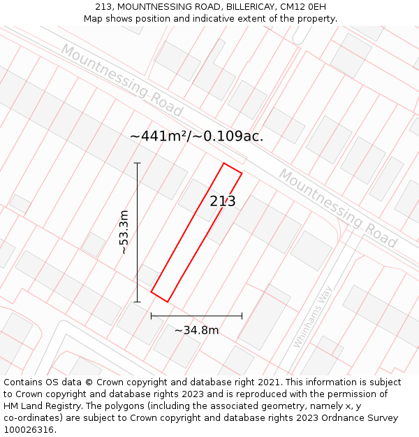 213, MOUNTNESSING ROAD, BILLERICAY, CM12 0EH: Plot and title map