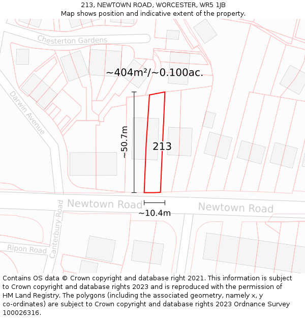 213, NEWTOWN ROAD, WORCESTER, WR5 1JB: Plot and title map