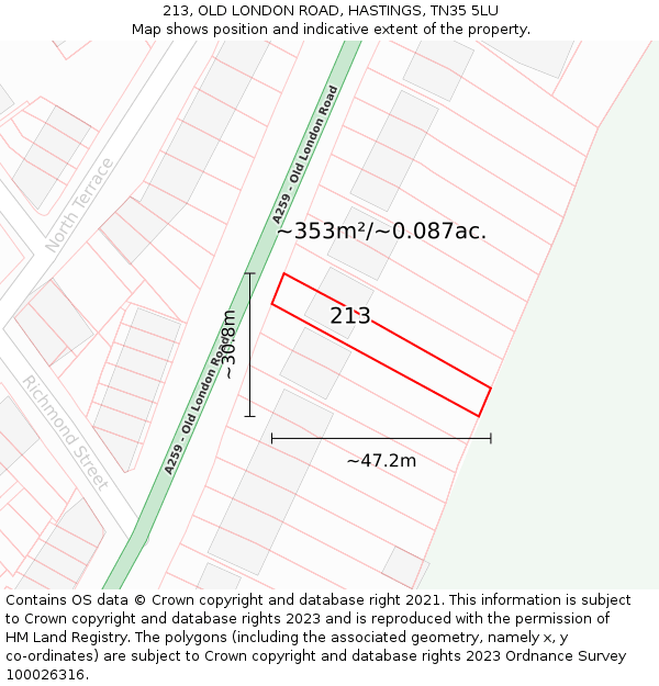 213, OLD LONDON ROAD, HASTINGS, TN35 5LU: Plot and title map