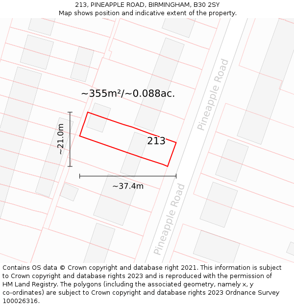 213, PINEAPPLE ROAD, BIRMINGHAM, B30 2SY: Plot and title map