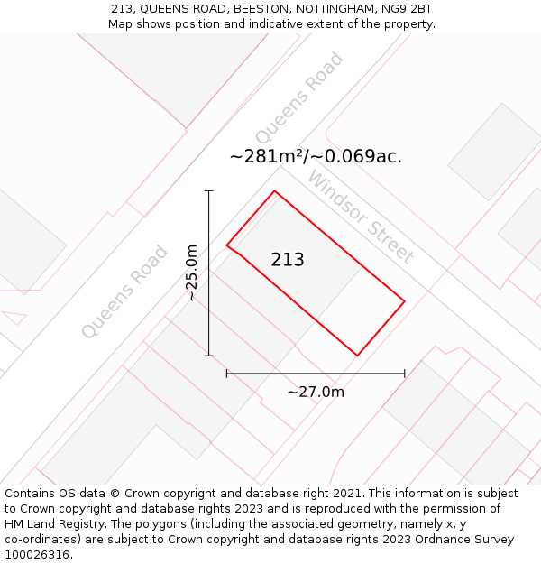 213, QUEENS ROAD, BEESTON, NOTTINGHAM, NG9 2BT: Plot and title map