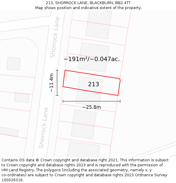 213, SHORROCK LANE, BLACKBURN, BB2 4TT: Plot and title map