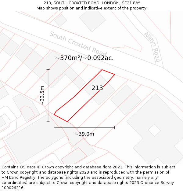 213, SOUTH CROXTED ROAD, LONDON, SE21 8AY: Plot and title map