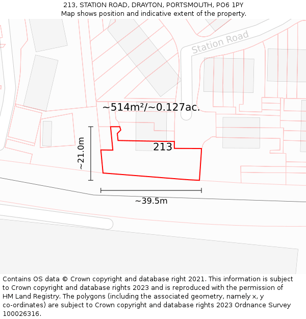 213, STATION ROAD, DRAYTON, PORTSMOUTH, PO6 1PY: Plot and title map