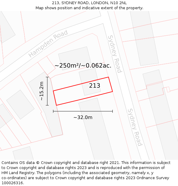 213, SYDNEY ROAD, LONDON, N10 2NL: Plot and title map