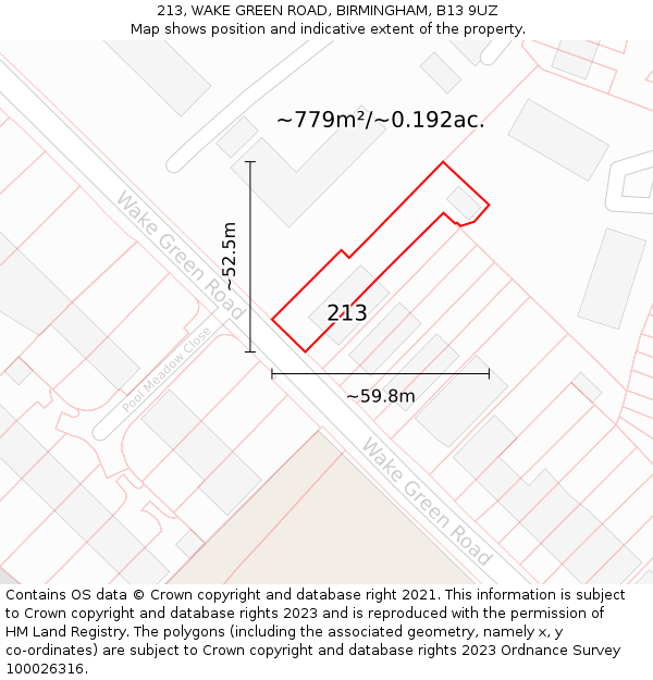 213, WAKE GREEN ROAD, BIRMINGHAM, B13 9UZ: Plot and title map