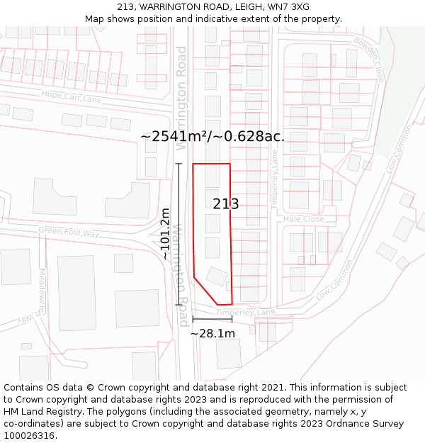 213, WARRINGTON ROAD, LEIGH, WN7 3XG: Plot and title map
