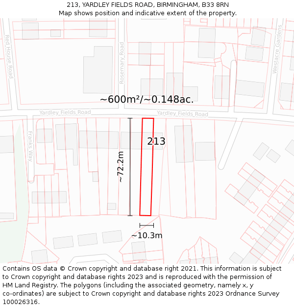 213, YARDLEY FIELDS ROAD, BIRMINGHAM, B33 8RN: Plot and title map