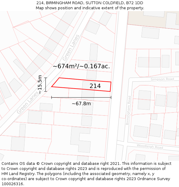 214, BIRMINGHAM ROAD, SUTTON COLDFIELD, B72 1DD: Plot and title map