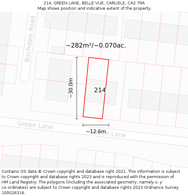 214, GREEN LANE, BELLE VUE, CARLISLE, CA2 7RA: Plot and title map