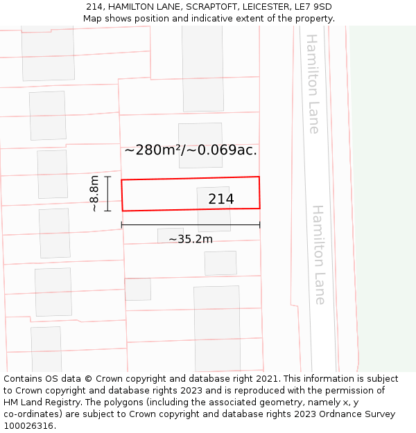 214, HAMILTON LANE, SCRAPTOFT, LEICESTER, LE7 9SD: Plot and title map