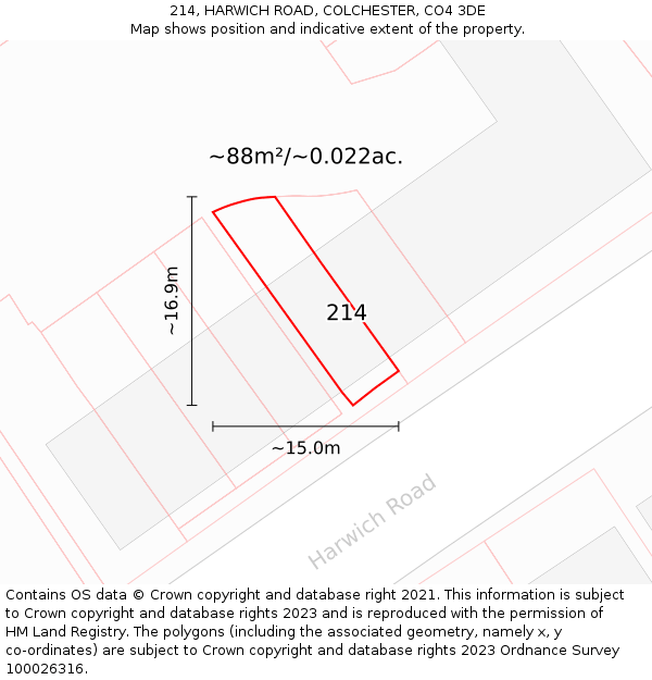 214, HARWICH ROAD, COLCHESTER, CO4 3DE: Plot and title map