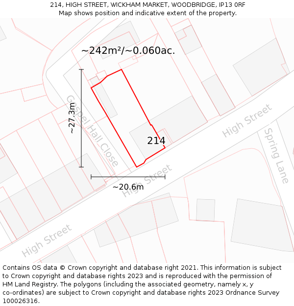 214, HIGH STREET, WICKHAM MARKET, WOODBRIDGE, IP13 0RF: Plot and title map