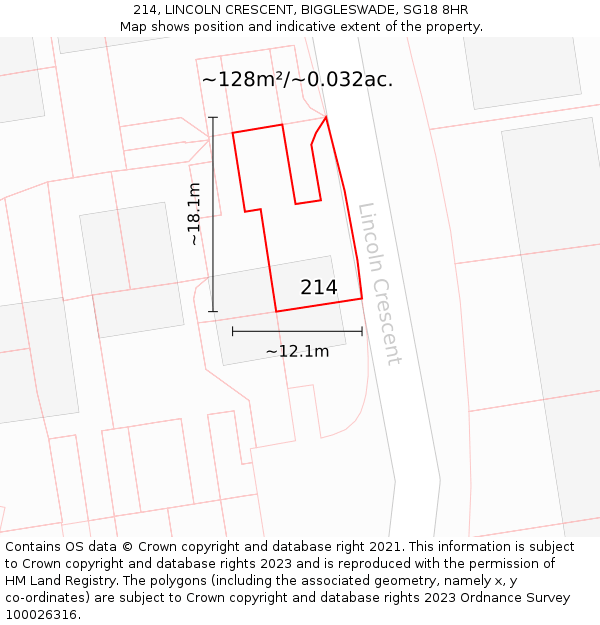 214, LINCOLN CRESCENT, BIGGLESWADE, SG18 8HR: Plot and title map
