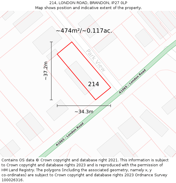 214, LONDON ROAD, BRANDON, IP27 0LP: Plot and title map