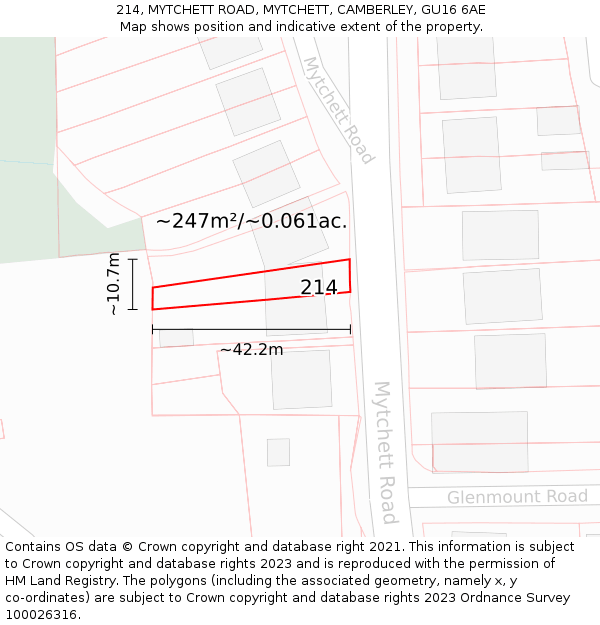 214, MYTCHETT ROAD, MYTCHETT, CAMBERLEY, GU16 6AE: Plot and title map