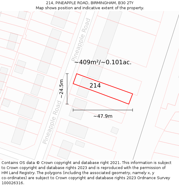 214, PINEAPPLE ROAD, BIRMINGHAM, B30 2TY: Plot and title map
